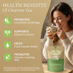 Palm Beach Medicinal Herbs Cleavers Tea steeping in cup shows confident preparation