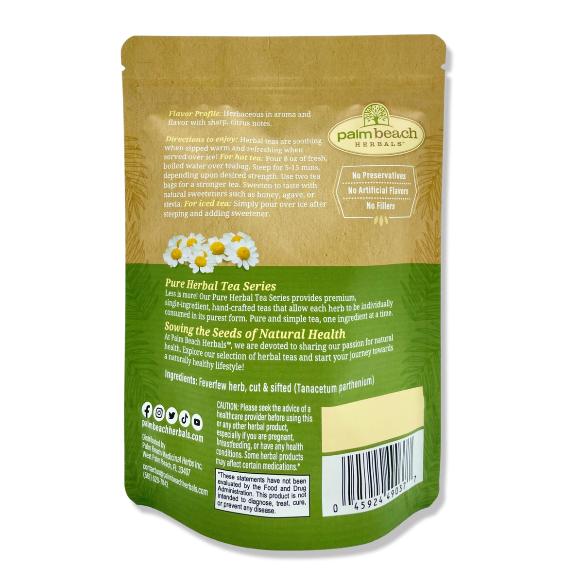 Palm Beach Feverfew Tea shows dried feverfew leaves ready for soothing infusion