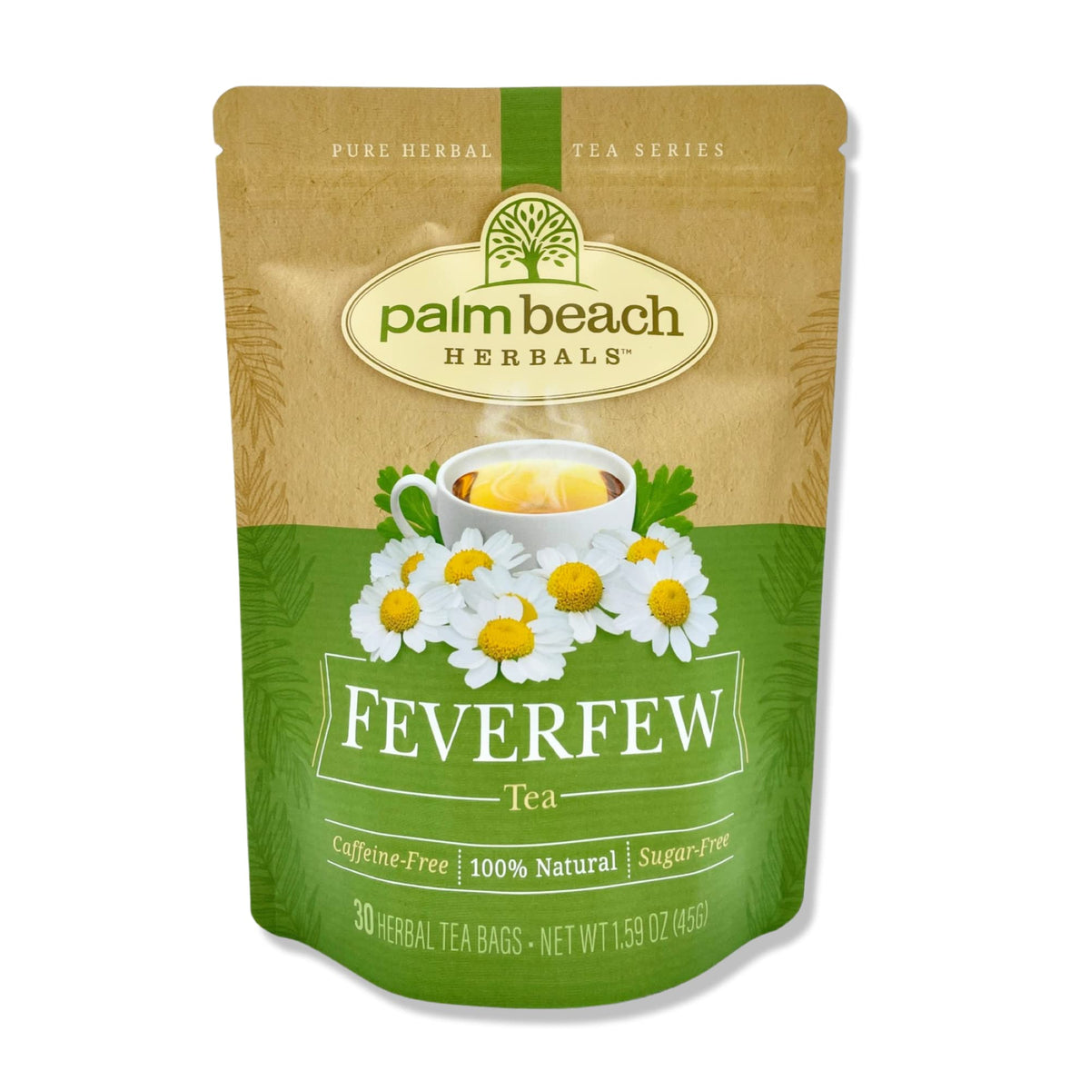 Palm Beach Feverfew Tea in a foil pouch, highlighting freshness and convenience