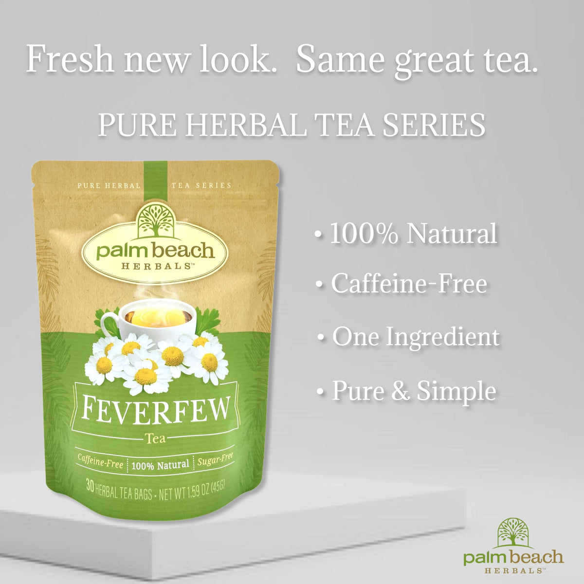 A warm cup of Palm Beach Feverfew Tea steeping to savor delicate earthy notes