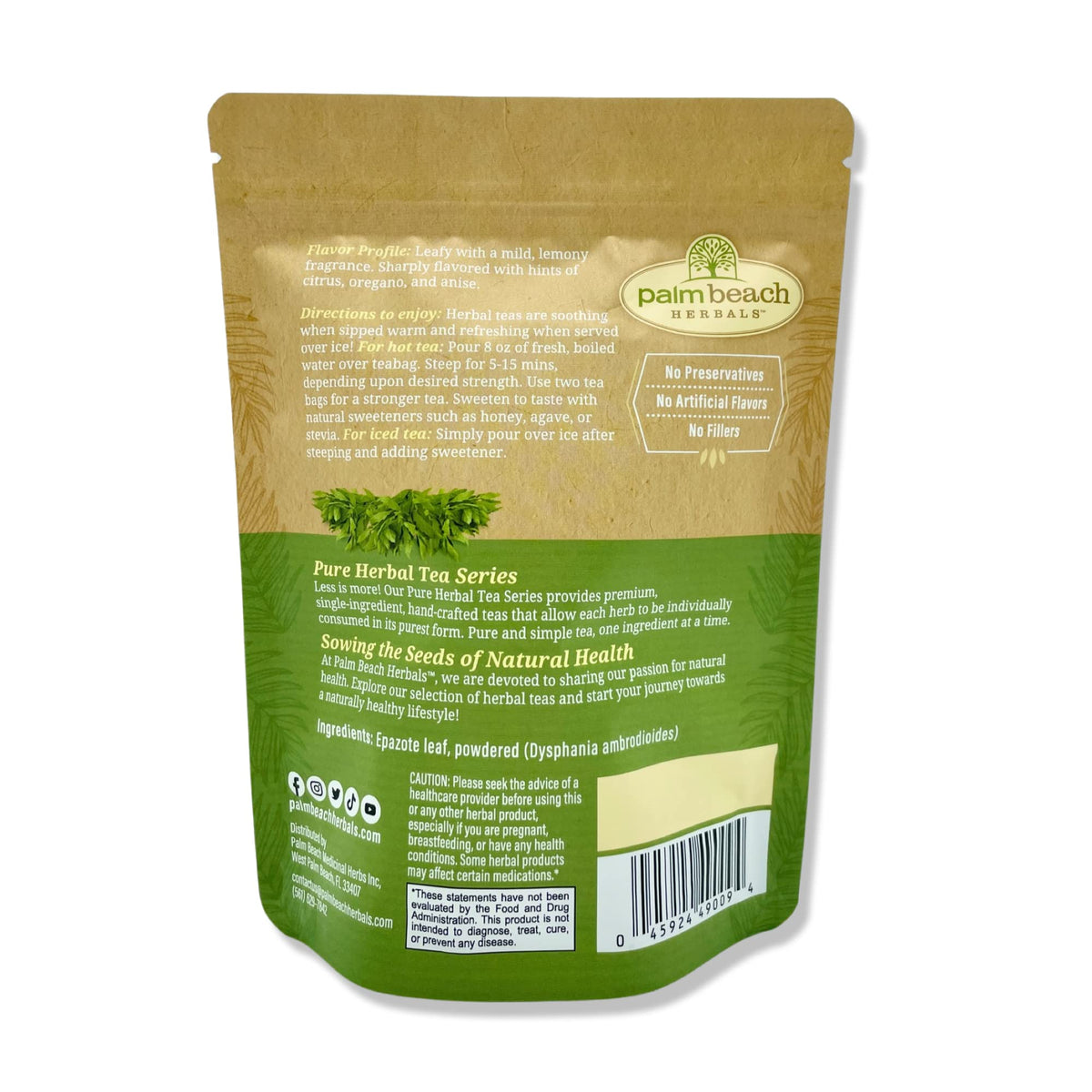 Palm Beach Epazote Tea packaging indicates USA-crafted quality and herbal sourcing.