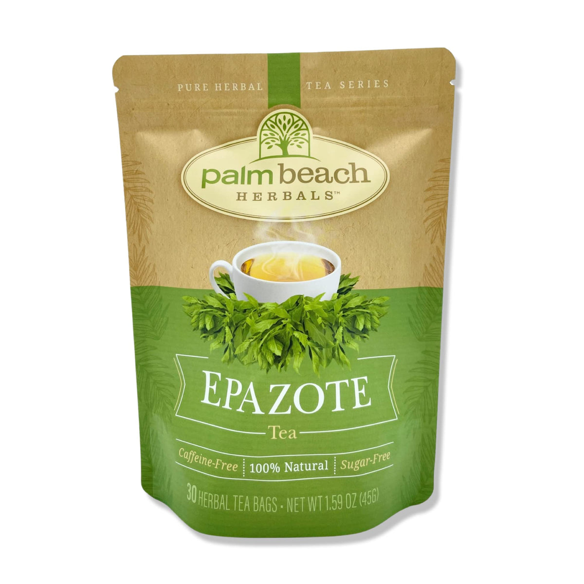 Palm Beach Medicinal Herbs Epazote Tea bags in a foil pouch preserve freshness.