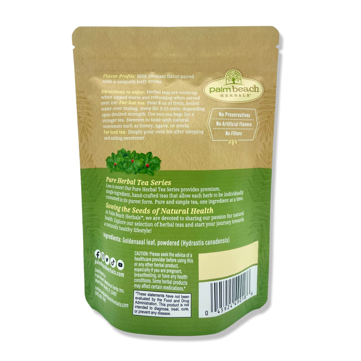 Palm Beach Medicinal Herbs Goldenseal Leaf Tea foil-lined packaging preserves freshness