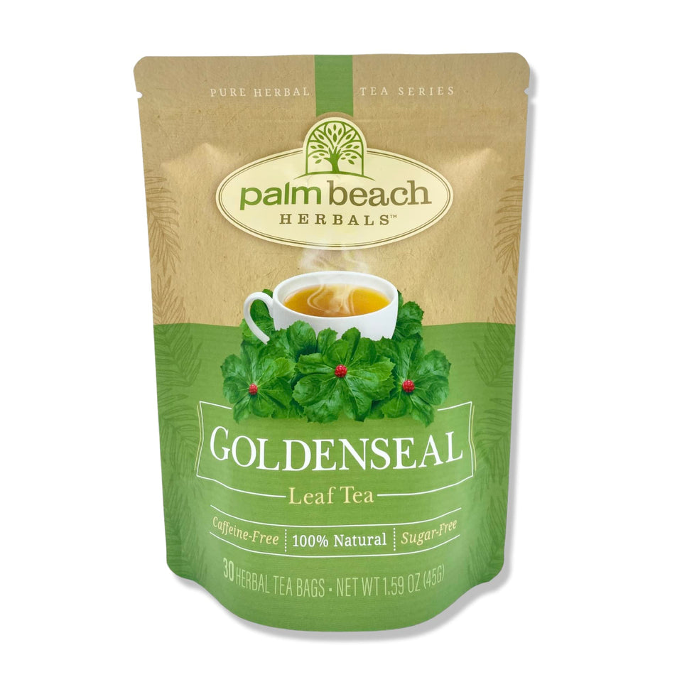 Palm Beach Medicinal Herbs Goldenseal Leaf Tea pouch ready for pure herbal sipping