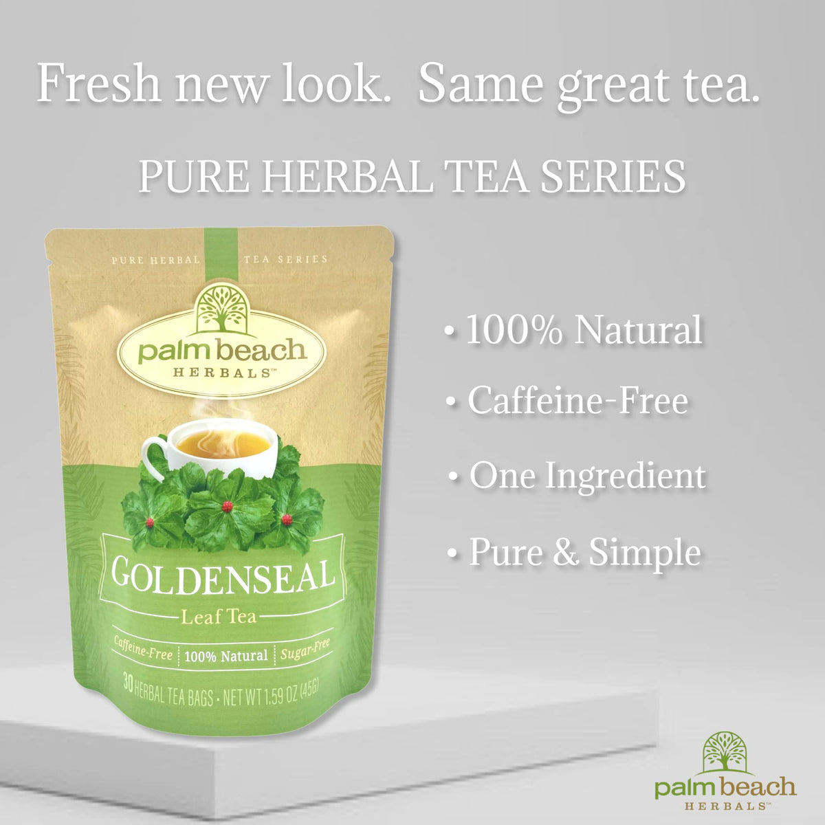 Palm Beach Medicinal Herbs Goldenseal Leaf Tea being steeped in a cup for hot or iced serving