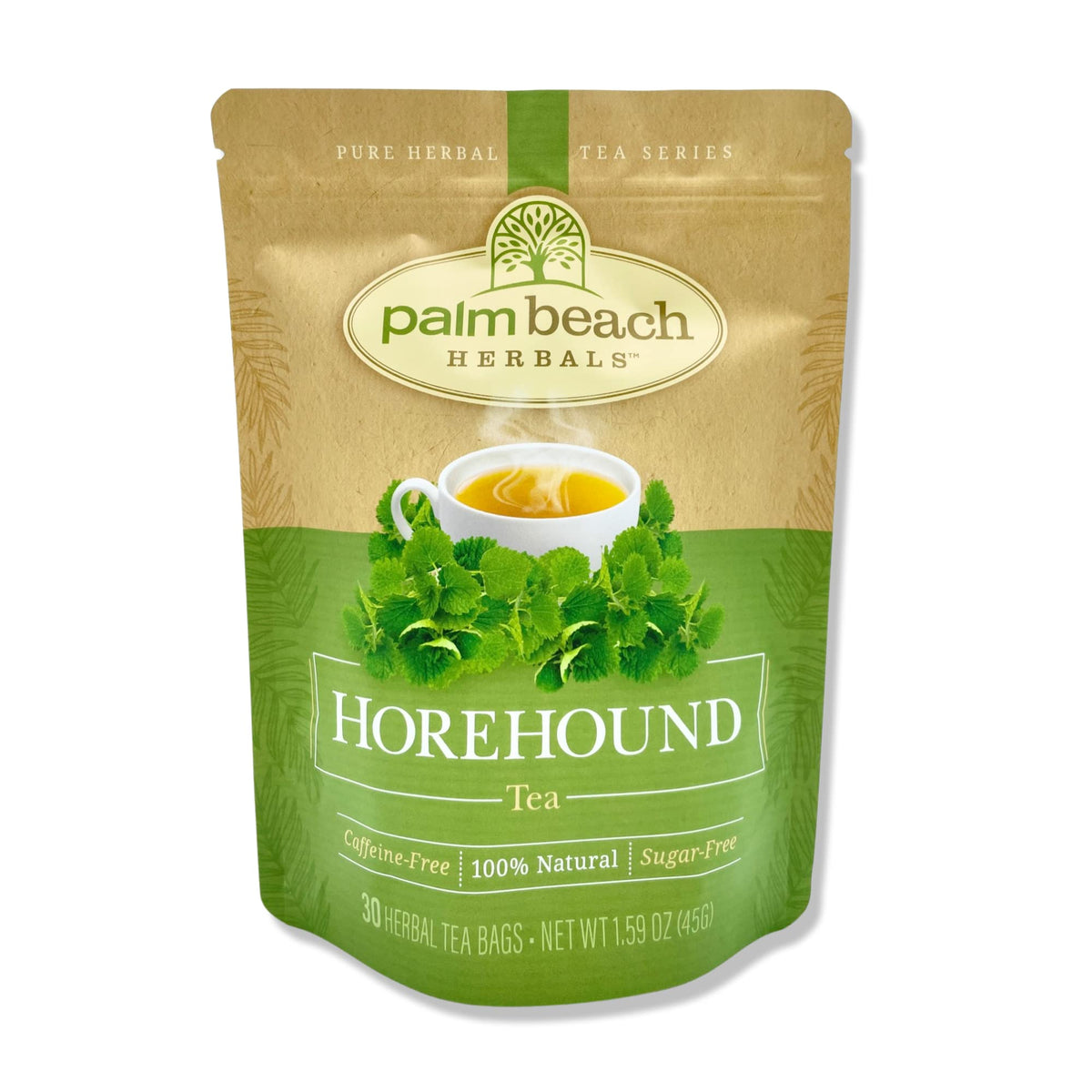 Palm Beach Medicinal Herbs horehound tea bags for a caffeine-free soothing ritual for digestive and respiratory comfort.