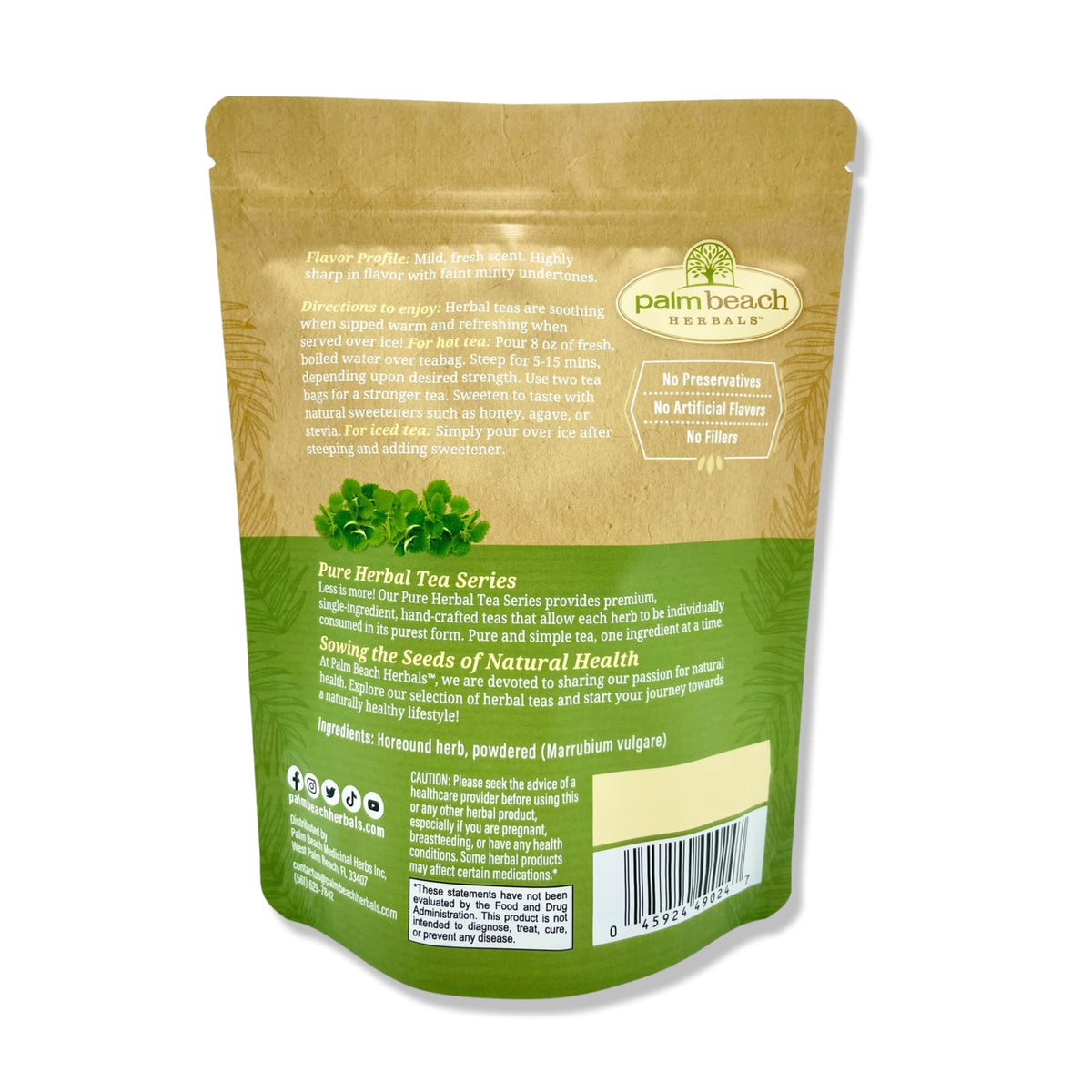 Palm Beach Medicinal Herbs horehound tea packaging highlights a gift-ready wellness option.