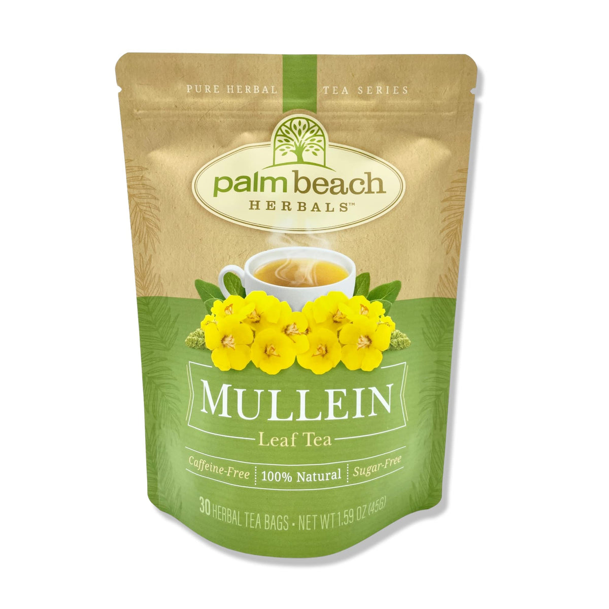 Palm Beach Medicinal Herbs Mullein Leaf Tea in foil pouch preserves freshness for easy storage
