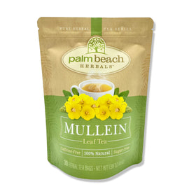 Palm Beach Medicinal Herbs Mullein Leaf Tea in foil pouch preserves freshness for easy storage