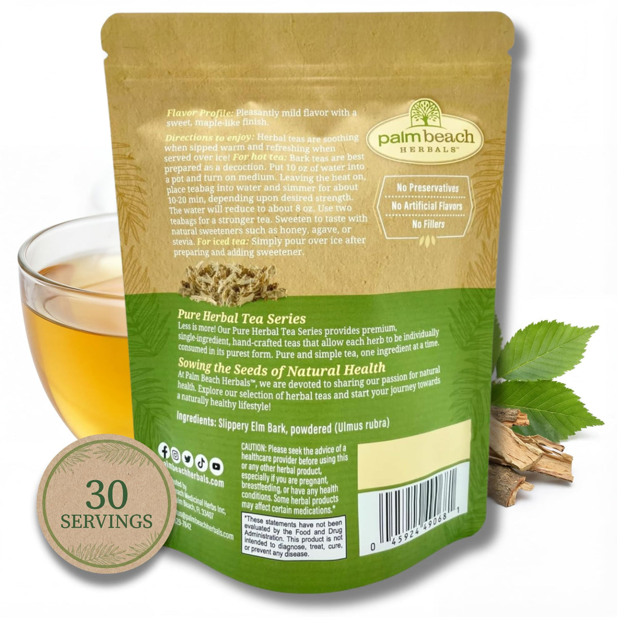 Palm Beach Medicinal Herbs Slippery Elm Tea bags in pouch, convenient single-ingredient option