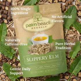 Palm Beach Medicinal Herbs Slippery Elm Tea foil-lined pouch close-up, freshness seal preserves flavor