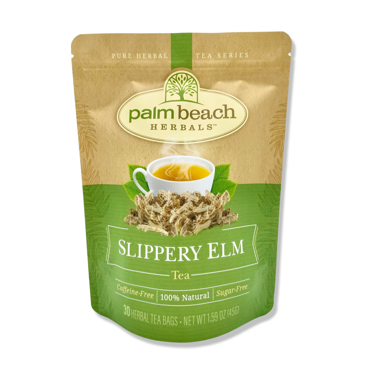 Palm Beach Medicinal Herbs Slippery Elm Tea pouch ready for brewing, freshness preserved