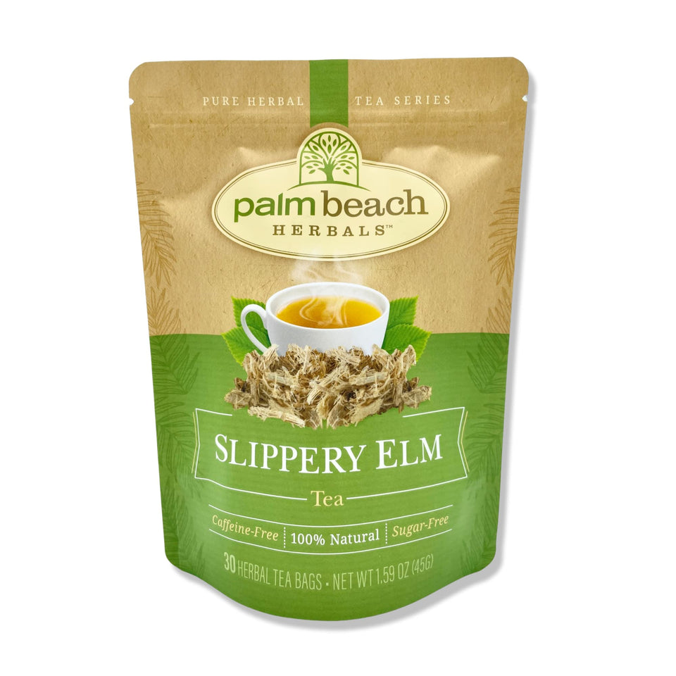 Palm Beach Medicinal Herbs Slippery Elm Tea pouch ready for brewing, freshness preserved