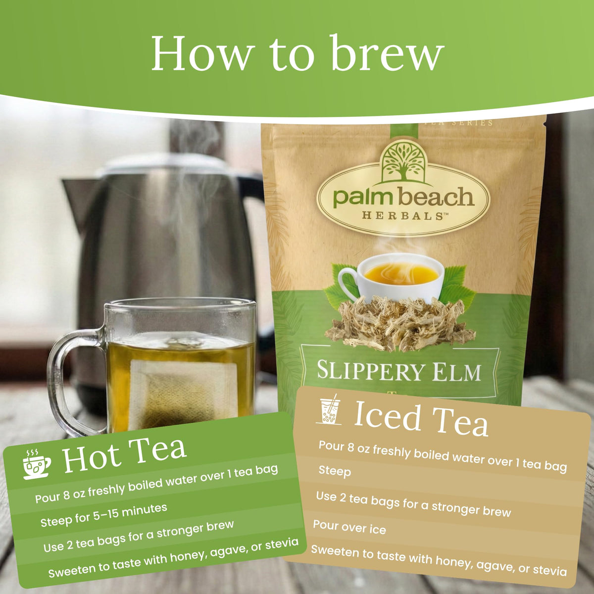 Palm Beach Medicinal Herbs Slippery Elm Tea steeping in cup, mellow earthy aroma rising