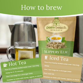 Palm Beach Medicinal Herbs Slippery Elm Tea steeping in cup, mellow earthy aroma rising