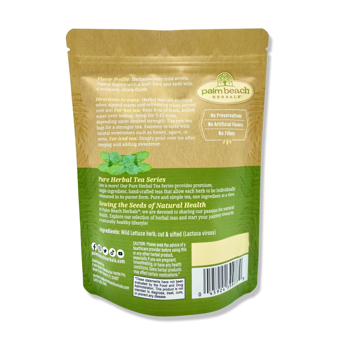 Palm Beach Wild Lettuce Leaf Tea steeping guide showing precise brewing