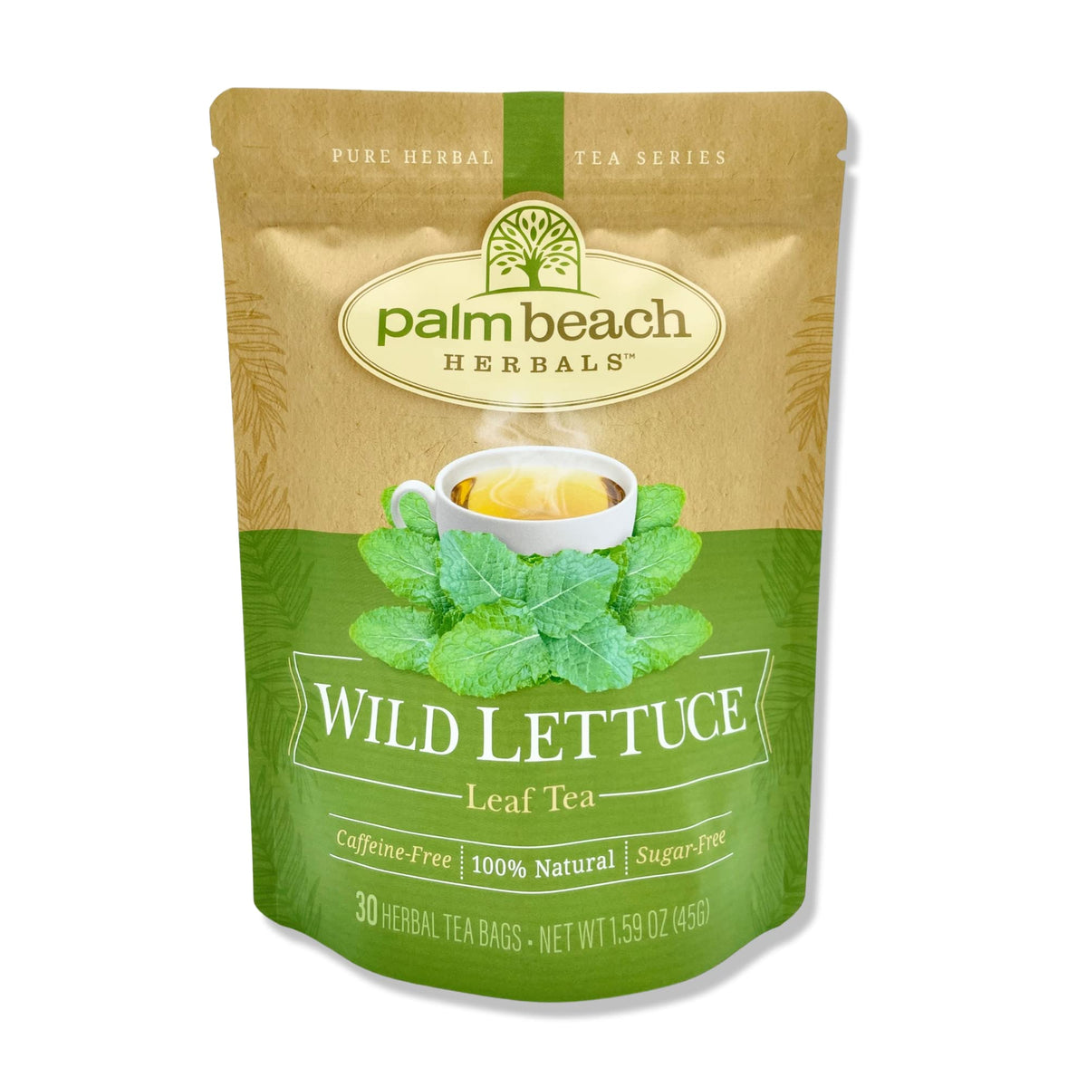 Palm Beach Wild Lettuce Leaf Tea bags in a foil-lined pouch for fresh, caffeine-free enjoyment