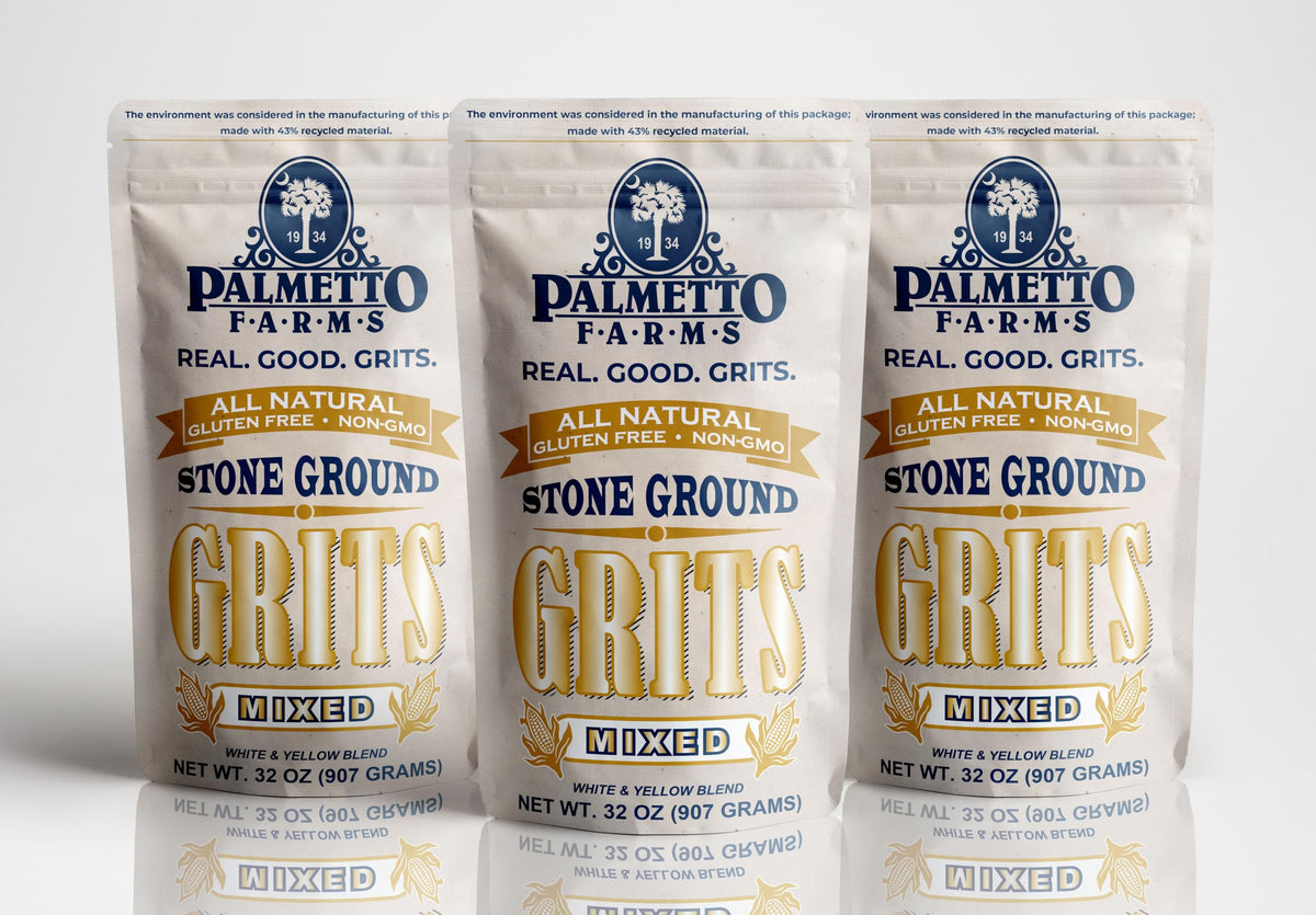 Palmetto Farms mixed grits 3-pack front view showing premium non-GMO corn for wholesome meals