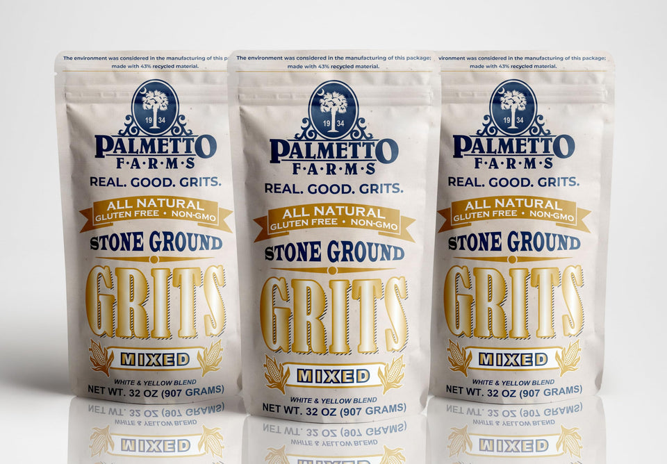 Palmetto Farms mixed grits 3-pack front view showing premium non-GMO corn for wholesome meals
