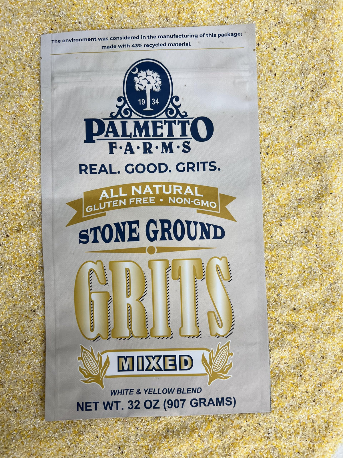 Palmetto Farms stone-ground grits texture close-up emphasizing specks and natural flavor