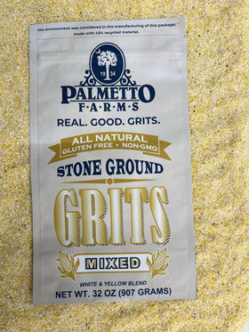 Palmetto Farms stone-ground grits texture close-up emphasizing specks and natural flavor