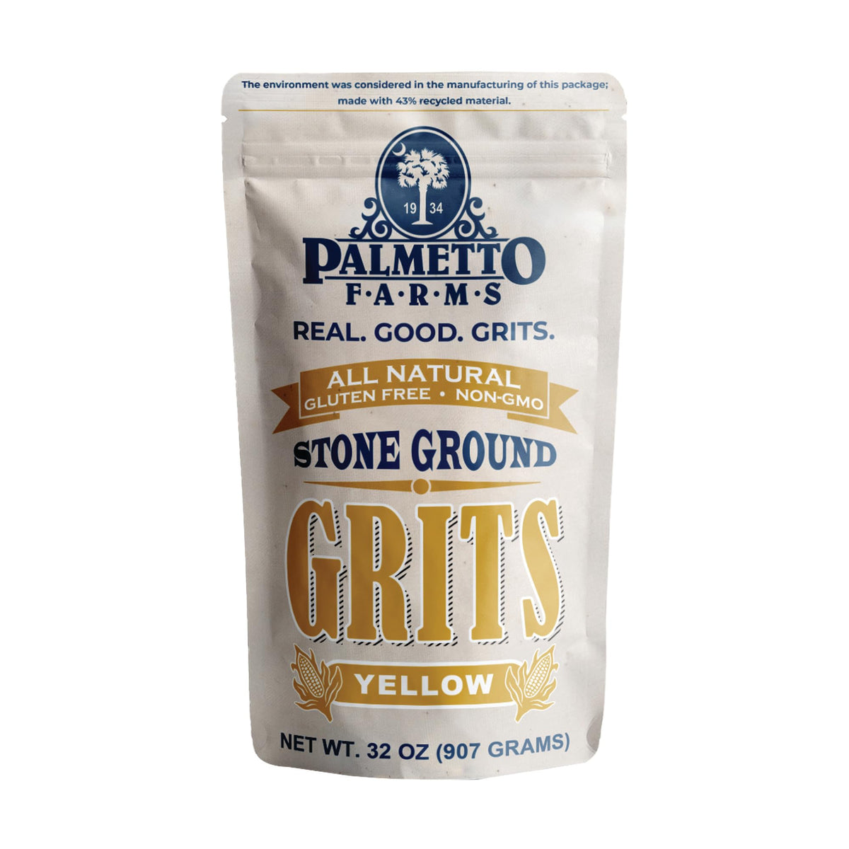 Palmetto Farms stone ground yellow grits pack, rich and versatile for creamy breakfasts