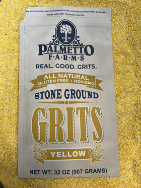 Palmetto Farms stone ground yellow grits spoon highlighting creamy, comforting sides