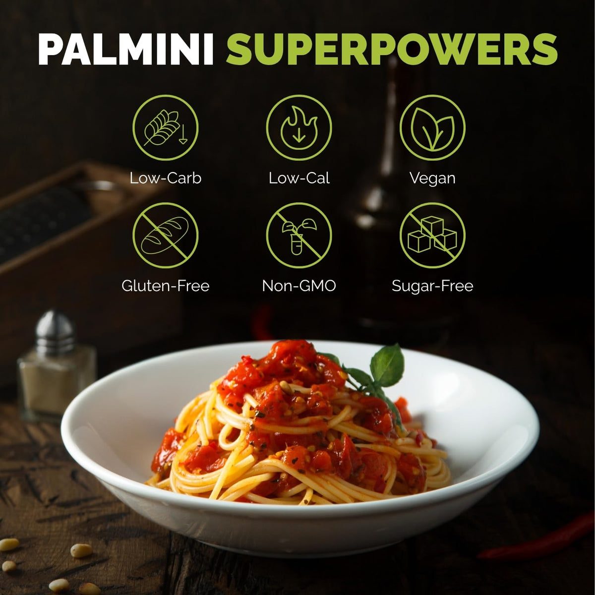 Palmini angel hair pasta cooked dish plated with sauce and herbs.