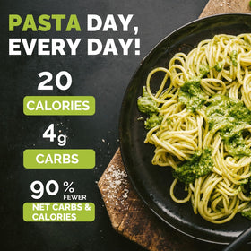 Palmini cooked plate featuring shiny strands with a vibrant sauce for a quick meal.