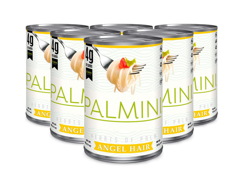 Palmini angel hair pasta pack shot showing a six-pack, a convenient low-calorie option.