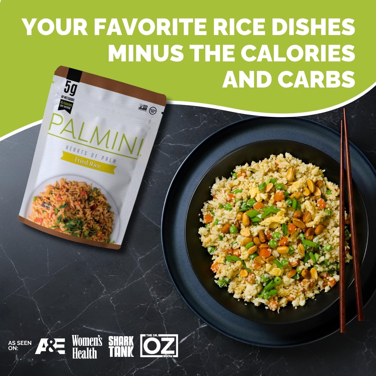 Palmini Fried Rice cooked in a bowl, ready to serve with veggies.
