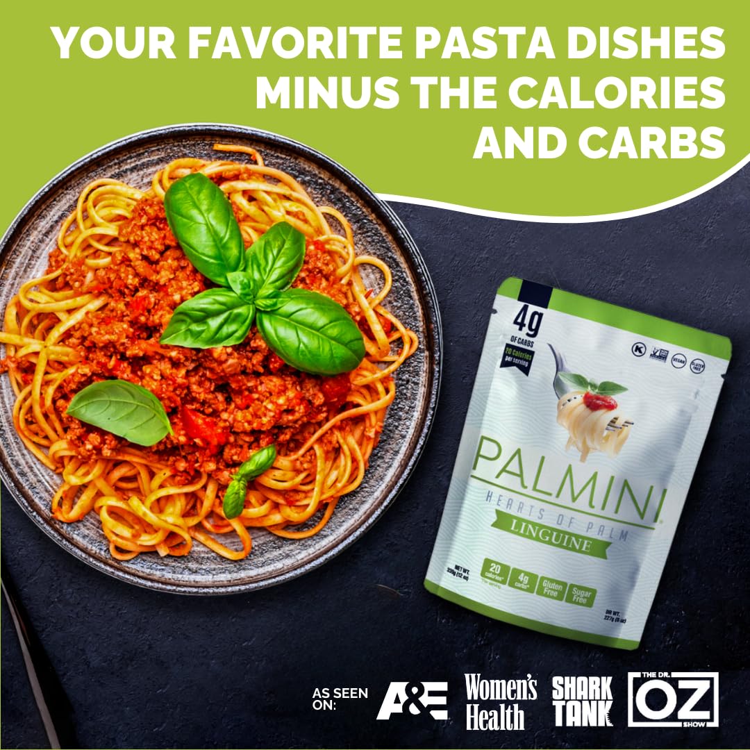 Palmini linguine can and ingredients highlight heart of palm origin for a clean option.