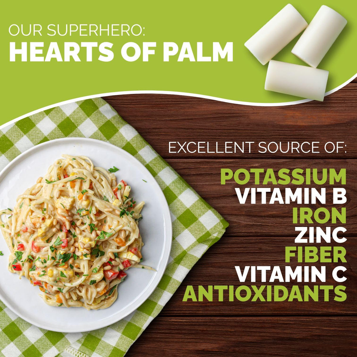 Palmini linguine pasta heart of palm ingredient highlights clean plant-based base.