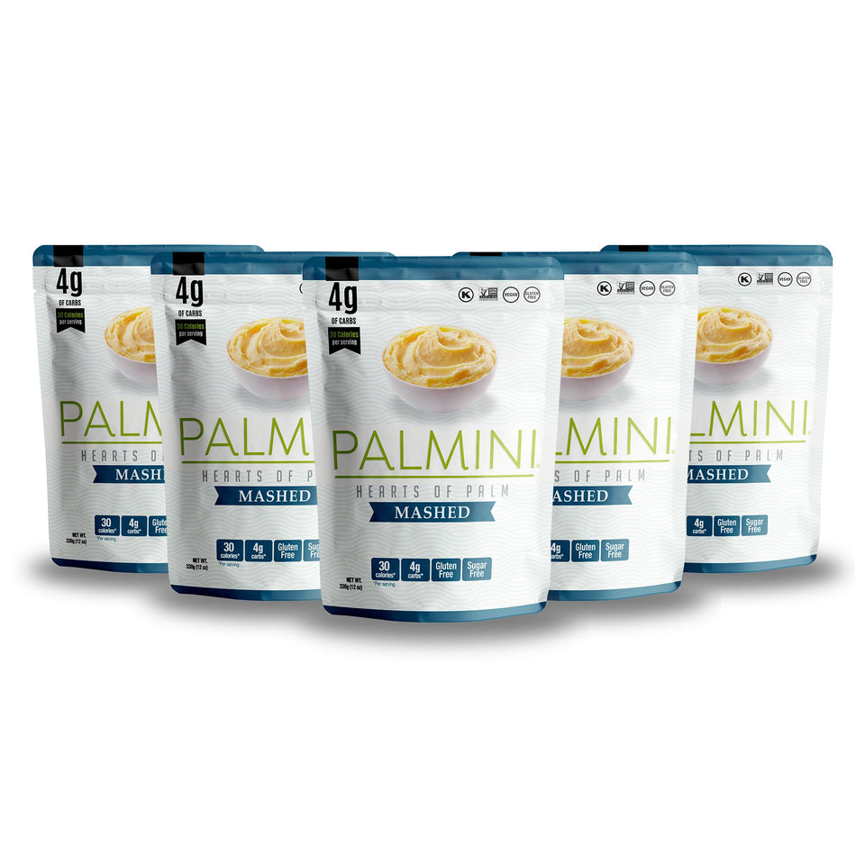 Palmini Mashed packaging on a kitchen counter, a ready-to-use low-calorie option.