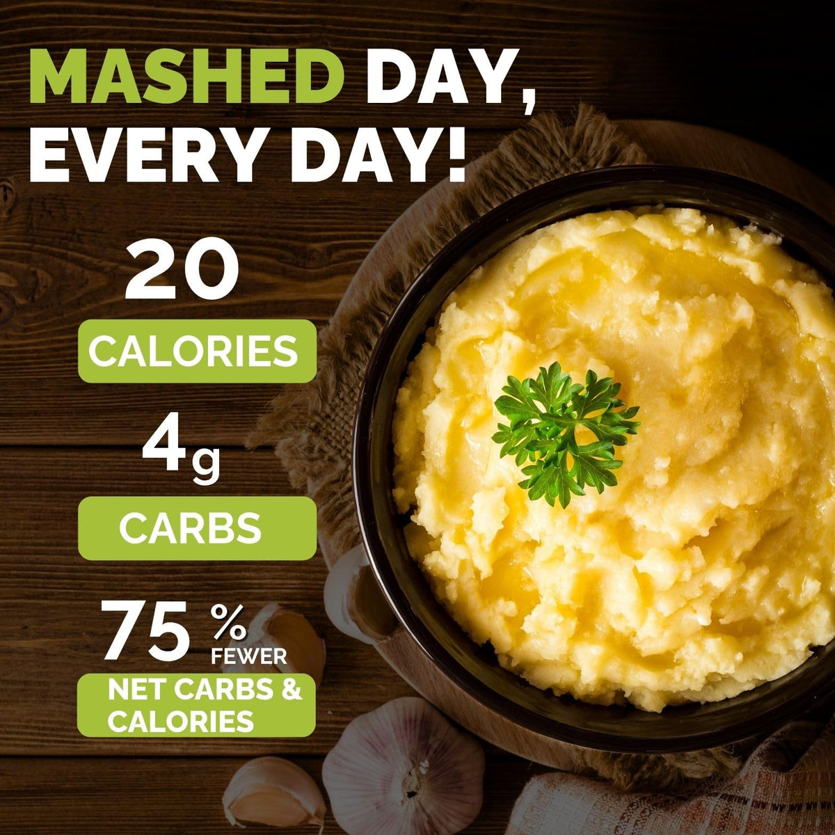 Palmini Mashed ready-to-serve side dish plated beside grilled chicken.