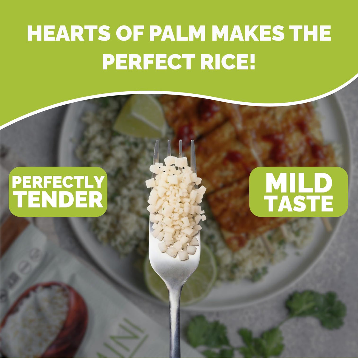 Palmini Rice substitution for cauliflower rice in a bowl.