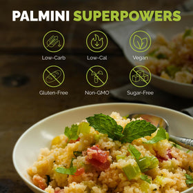 Palmini Rice keto dinner bowl with avocado and salmon.