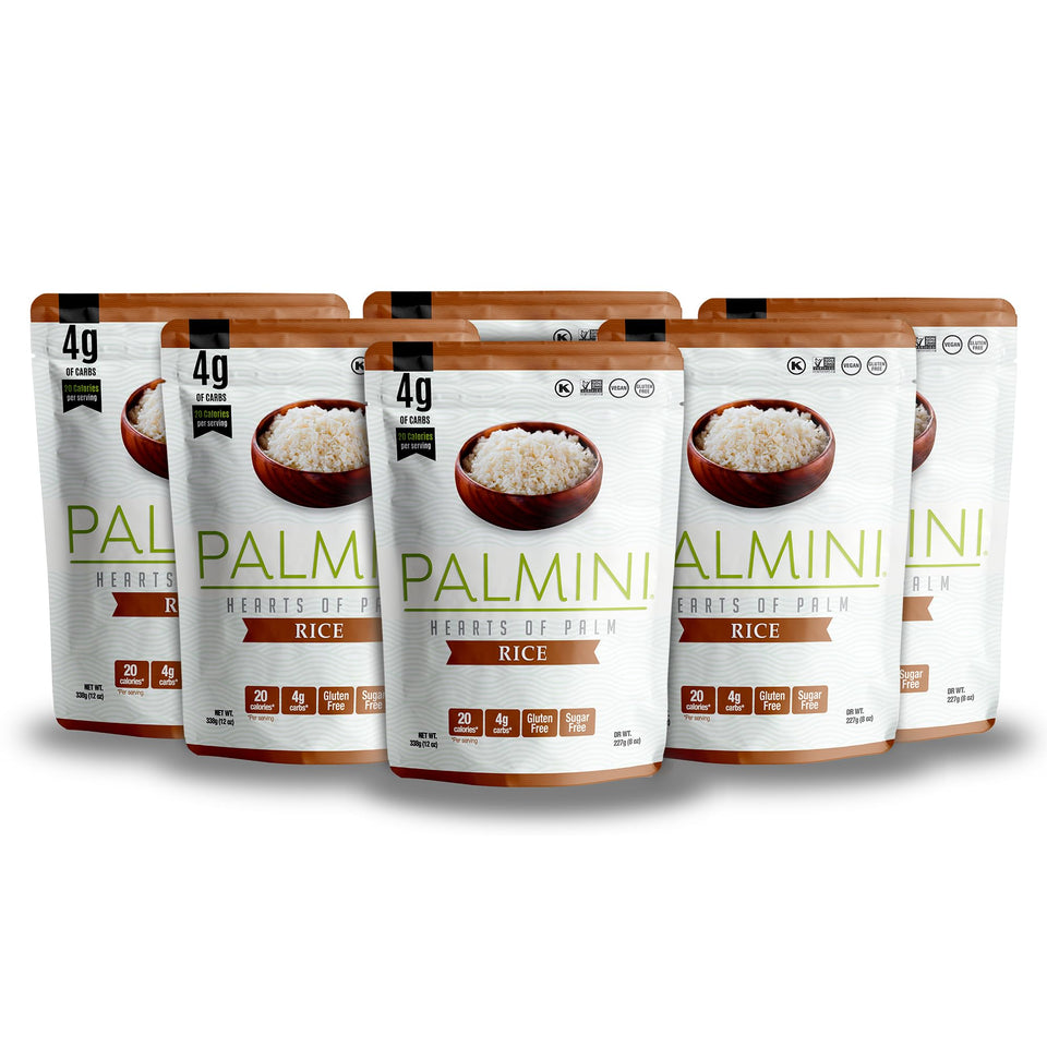 Palmini Rice six-pack on shelf, a low-carb option.