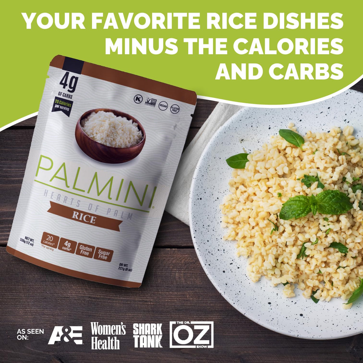 Palmini Rice pan cooking, yields light, tender texture.
