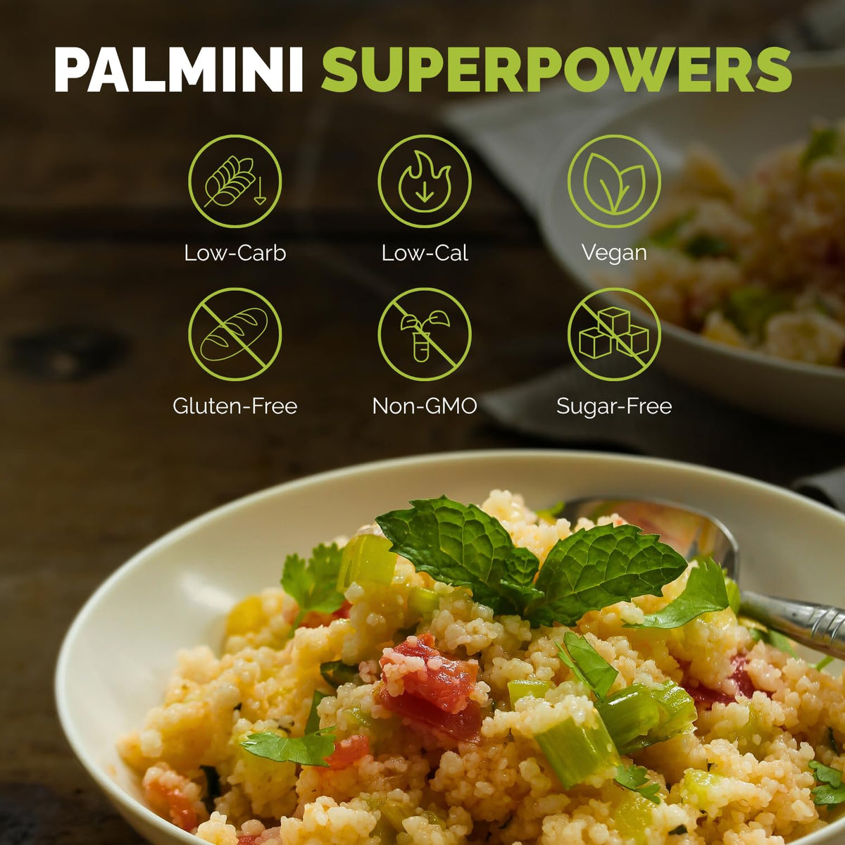 Palmini Rice vegan-friendly plated, versatile for many recipes.
