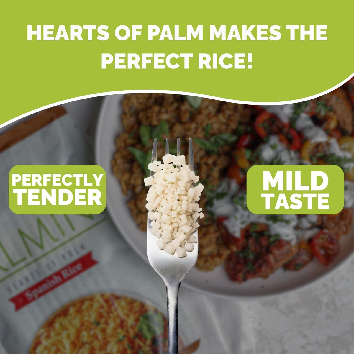 Palmini Spanish Rice ingredients from hearts of palm, plant-based option.