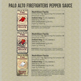 Label highlighting charitable fund support from Palo Alto Firefighters Pepper Sauce