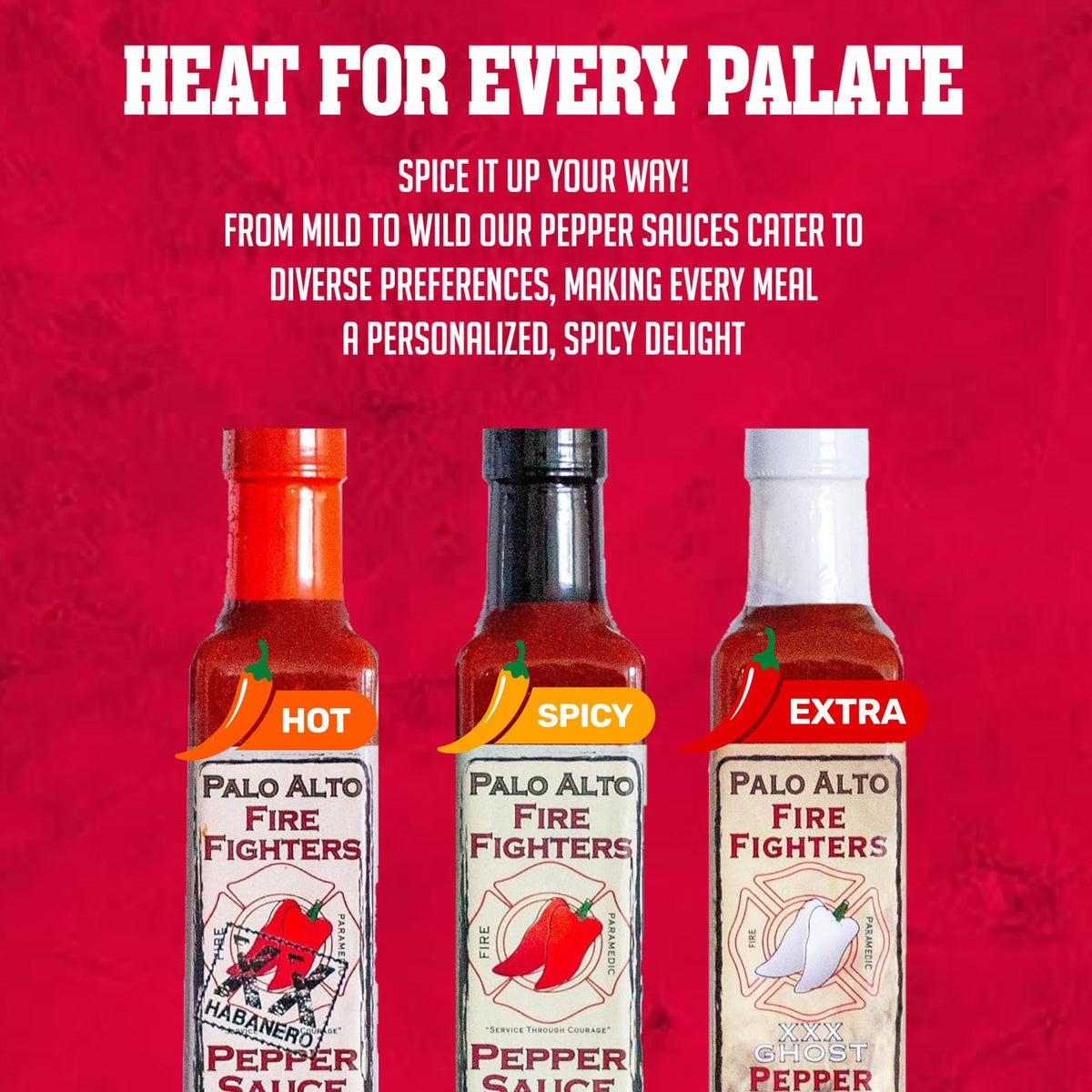 Palo Alto Firefighters hot sauce with high heat for bold dishes.