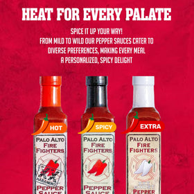 Palo Alto Firefighters hot sauce with high heat for bold dishes.