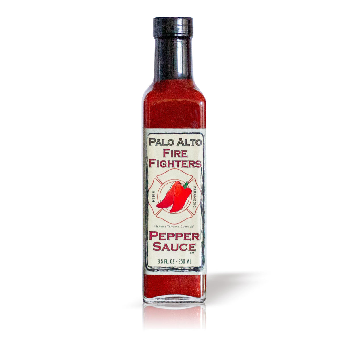 Palo Alto Firefighters Pepper Sauce bottle on shelf for grilling.