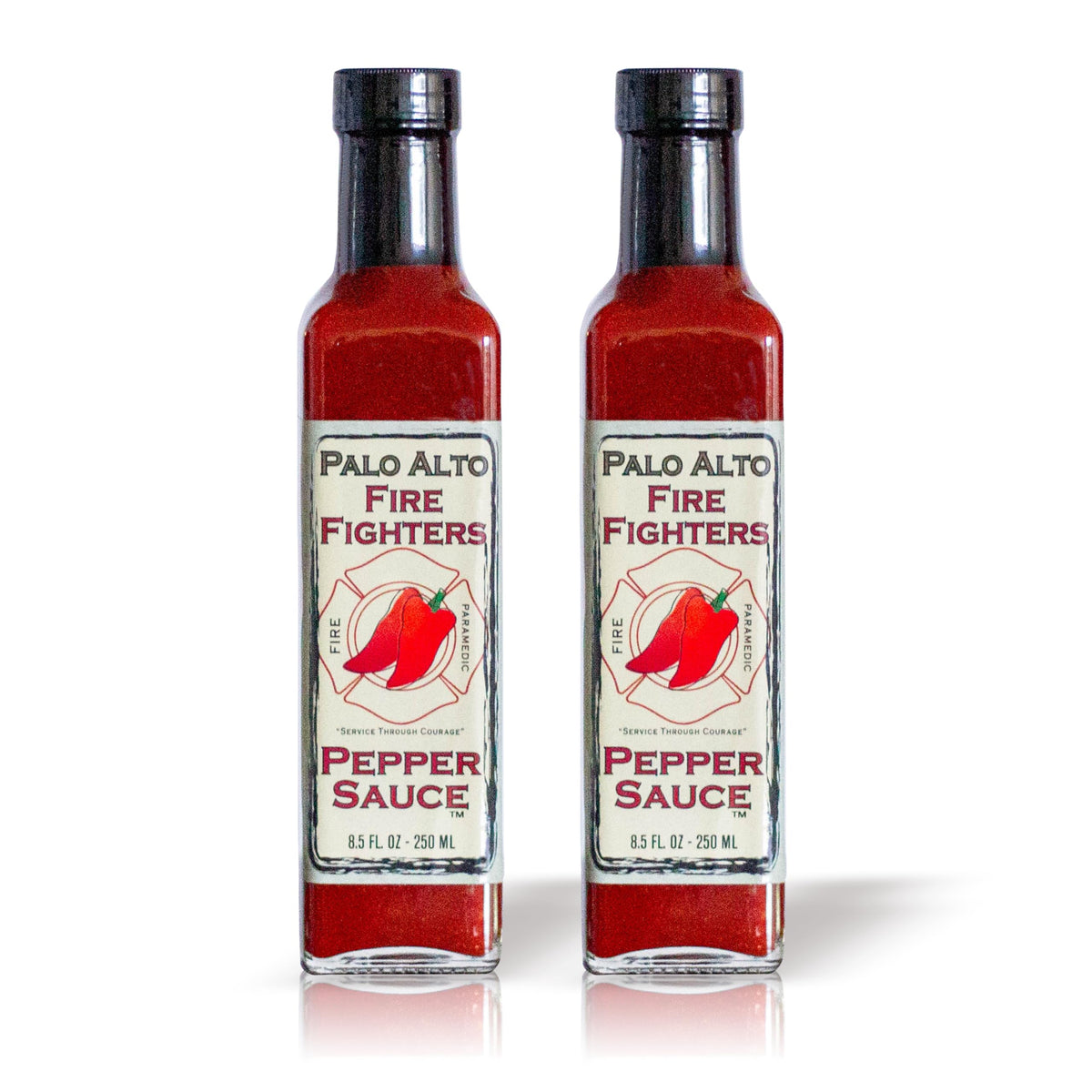 Palo Alto Firefighters Pepper Sauce pack two bottles, front view, ready for grilling