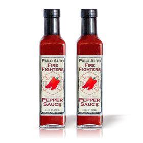 Palo Alto Firefighters Pepper Sauce pack two bottles, front view, ready for grilling