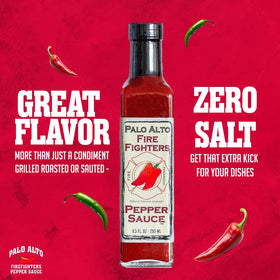 Palo Alto Firefighters Pepper Sauce pack two bottles, side view on counter