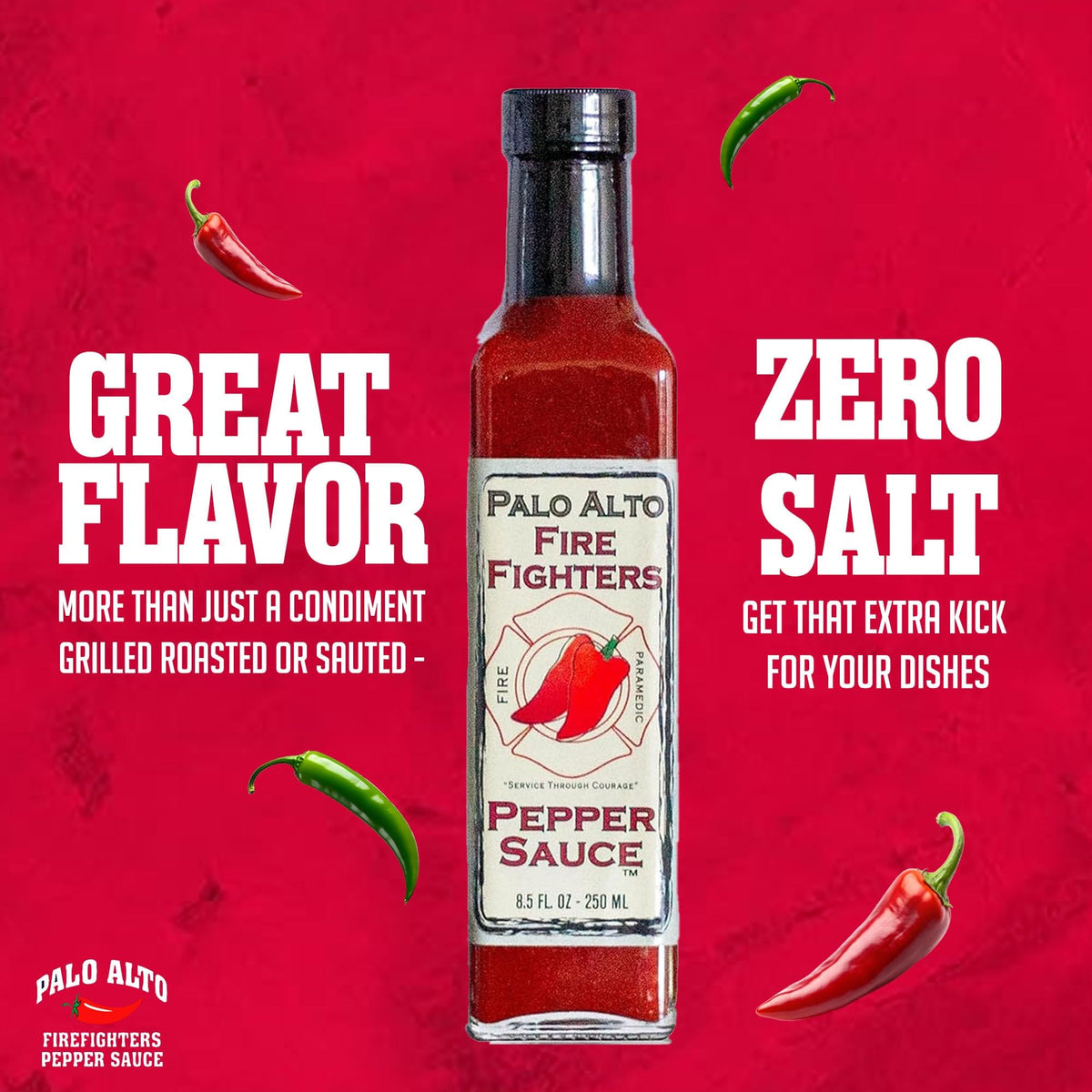 Palo Alto Firefighters Pepper Sauce being poured for bold flavor.