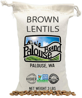 Palouse Brand brown lentils in a 3 lb bag for pantry versatility
